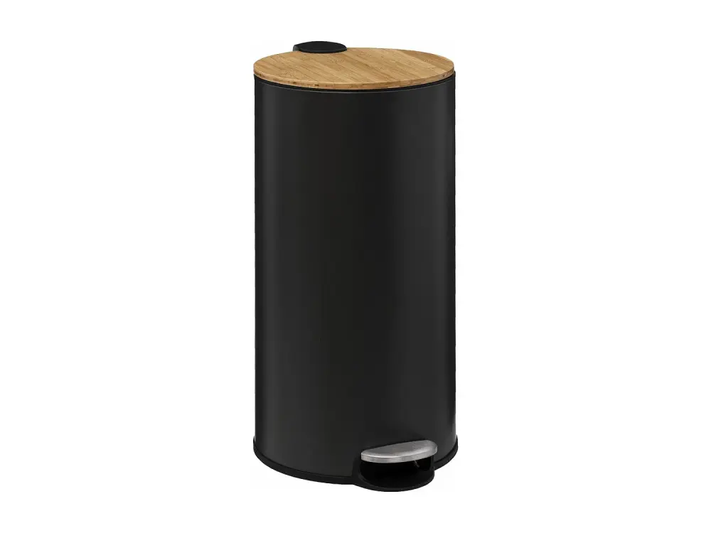 Cubo de Basura para Cocina 30L 'Baltik', Tapa de Bambú, Metal Negro, 65x29 cm