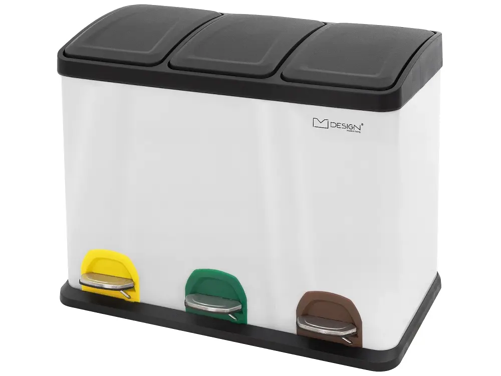 Cubo de basura para reciclaje, pedal, separador de residuos 3x15L blanco 45L