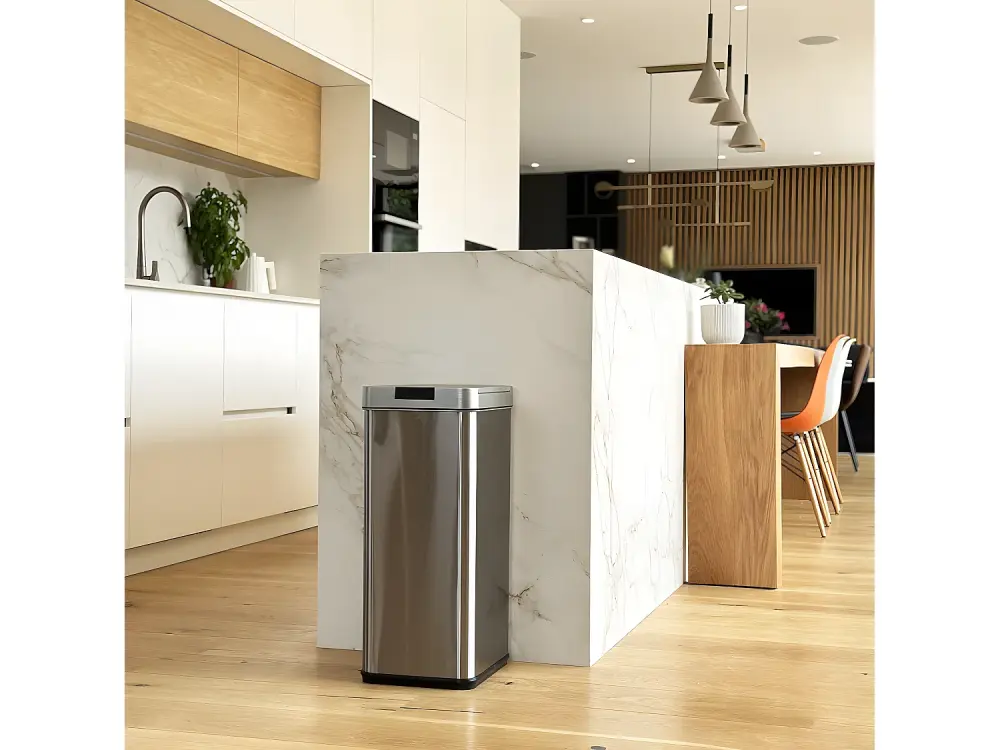 Poubelle de cuisine automatique 70L SILVERLAKE en acier Inox avec cerclage Ouverture papillon grande capacité