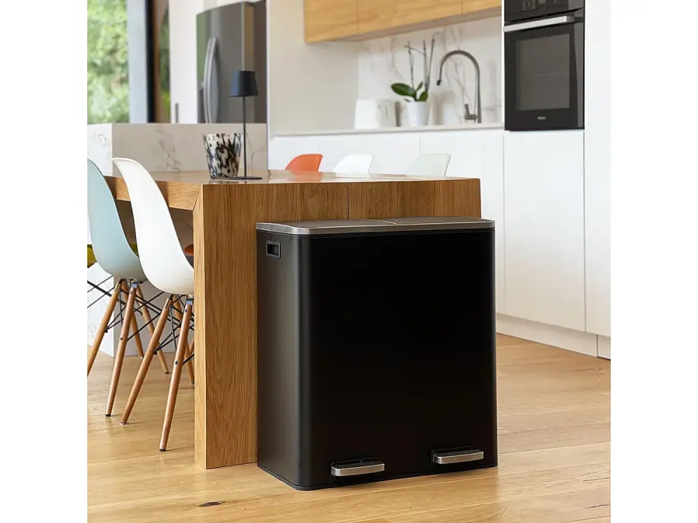 Poubelle de cuisine à pédale tri sélectif grande capacité 60L (2x30L) MAJOR en acier Inox Noir mat