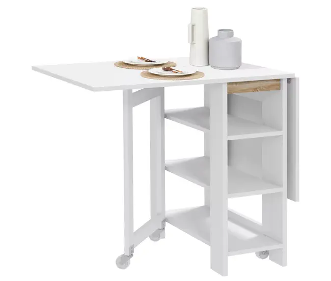 HOMCOM Mesa Plegable con Alas Abatibles Mesa de Comedor Plegable Mesa de Cocina con 2 Ruedas y Estantes Estilo Contemporá...