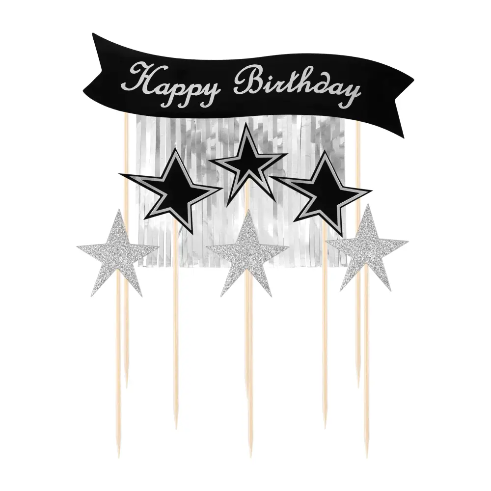 Adornos para tarta de feliz cumpleaños con estrellas plateadas, 7 piezas.
