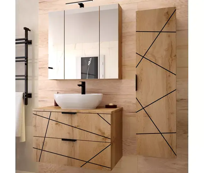 Conjunto de muebles con lavabo individual 80cm y columna Teren Madera