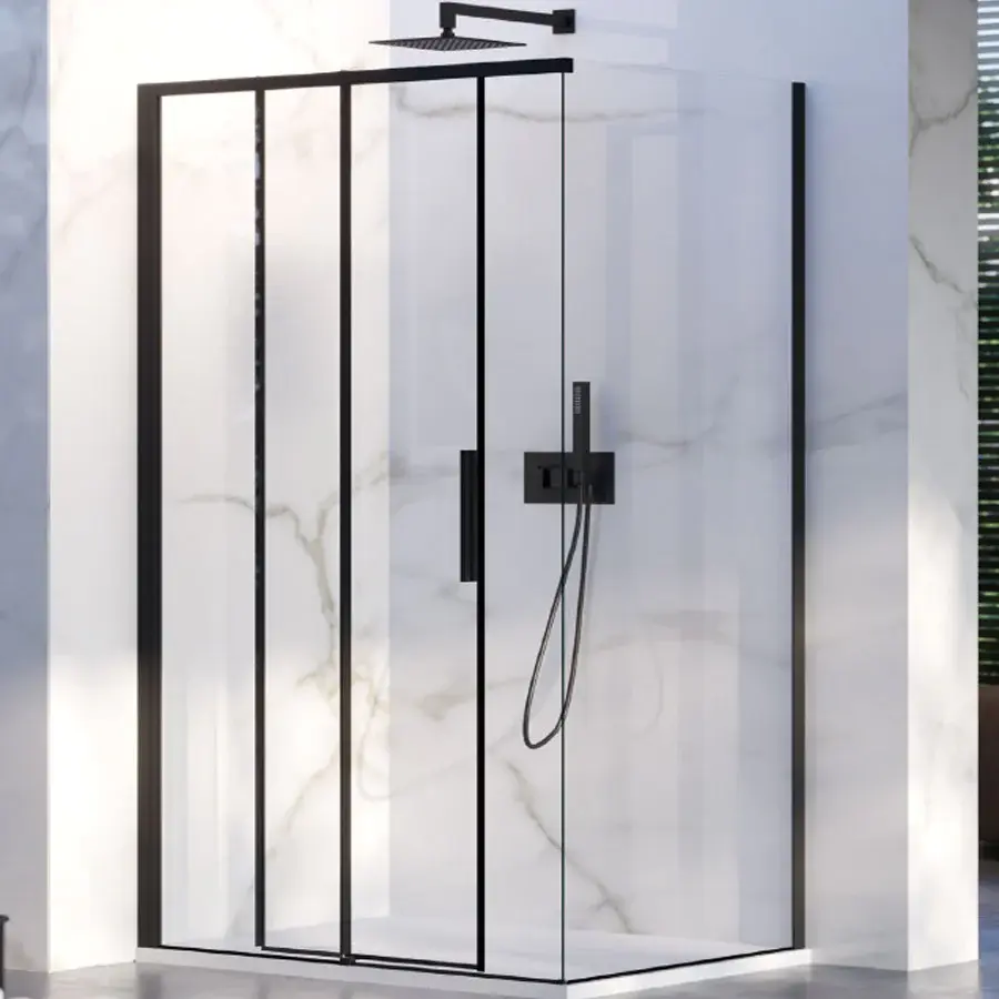 Ducha de esquina 80x140 con lado fijo y puerta corredera en cristal de 6 mm y perfil negro Versión Izquierda