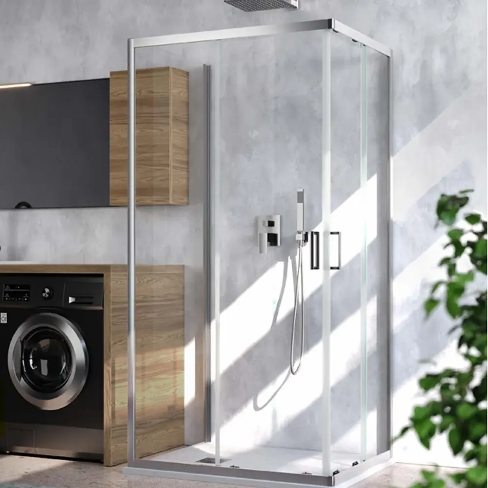 Ducha de esquina Loop 90x100 en aluminio y cristal transparente anticalcáreo Avanzado Clean