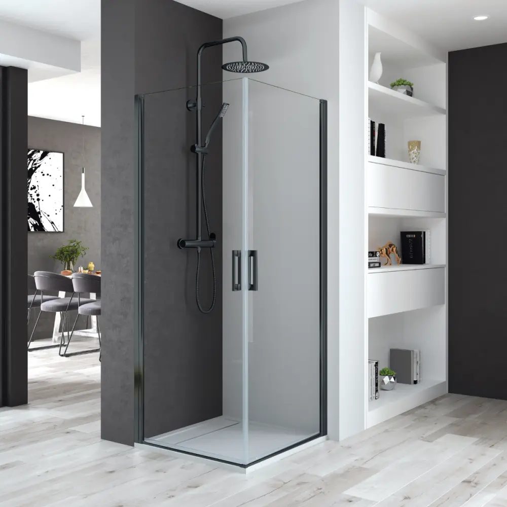 Mampara ducha 2 puertas abatibles 80 + 85cm transparente negro