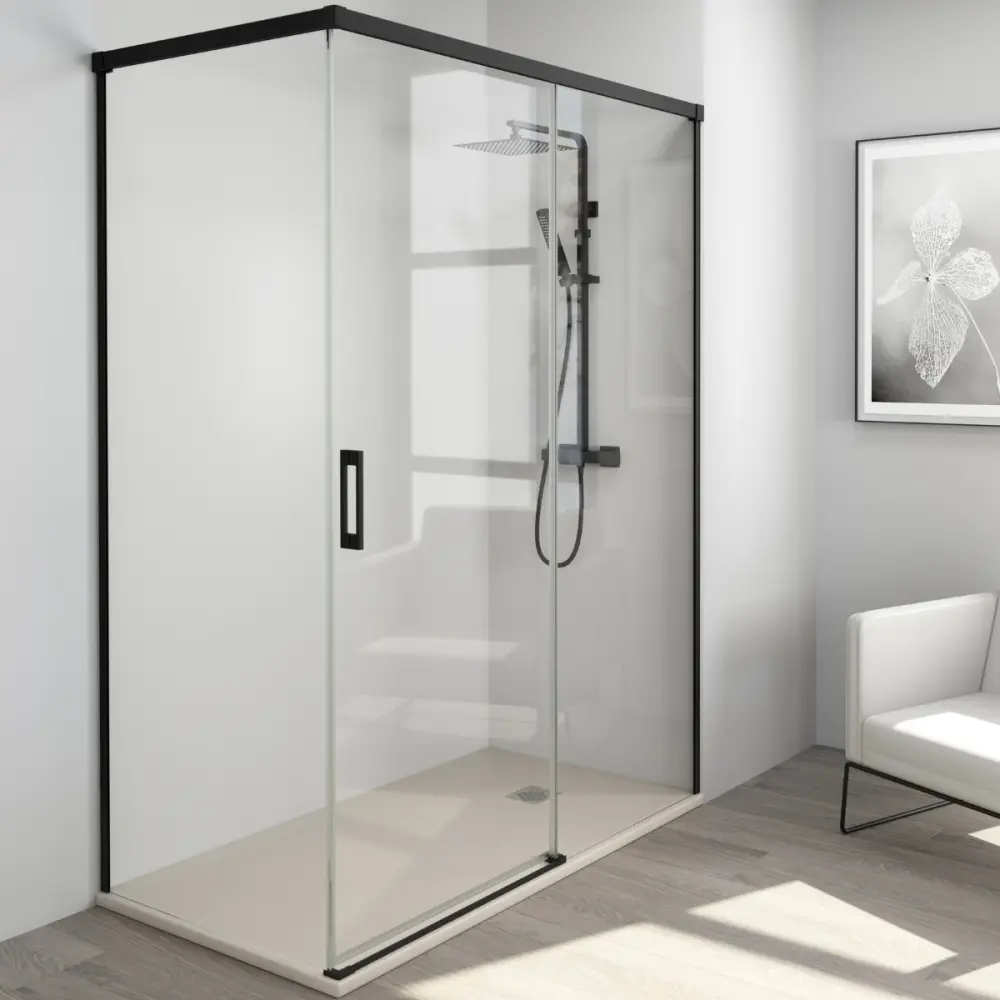 Dispensador de Jabón Mampara ducha rectangular frente 160 - lateral 95 cm | transparente negro