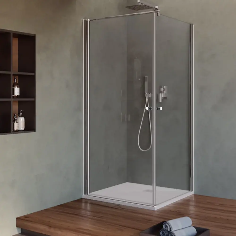 Ducha de caja 90x90 cm con puerta de apertura de dos hojas en cristal transparente de 6 mm Acero Cromado