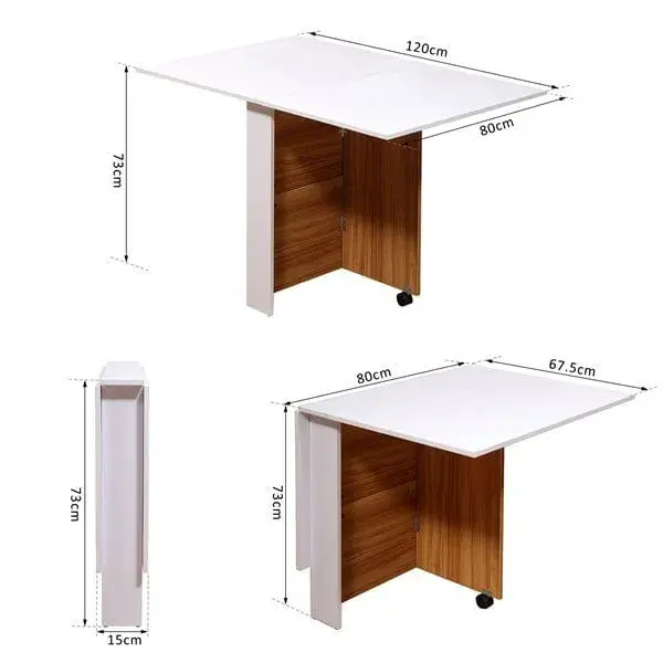 Mesa de comedor Homcom 3 posiciones plegable con ruedas blanco/madera 73x120x80 cm