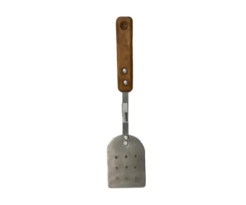 Volteador Inoxidable #2 Perforado con Mango de Madera | 34 cm amplio, 11.5 x 8.7 cm base, 134 g – Práctico y Resistente