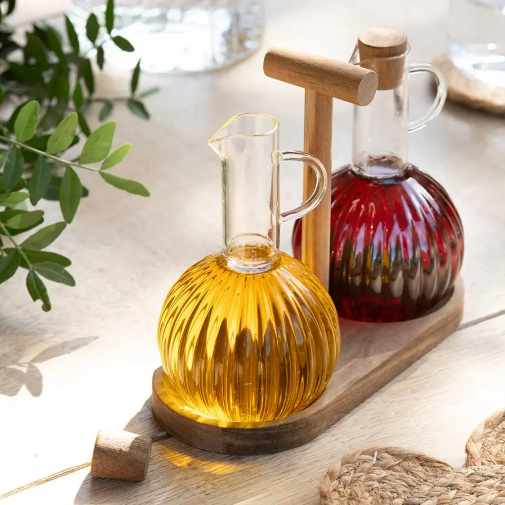 Aceitera vinagrera de cocina con soporte de madera | Envío Rápido y Seguro