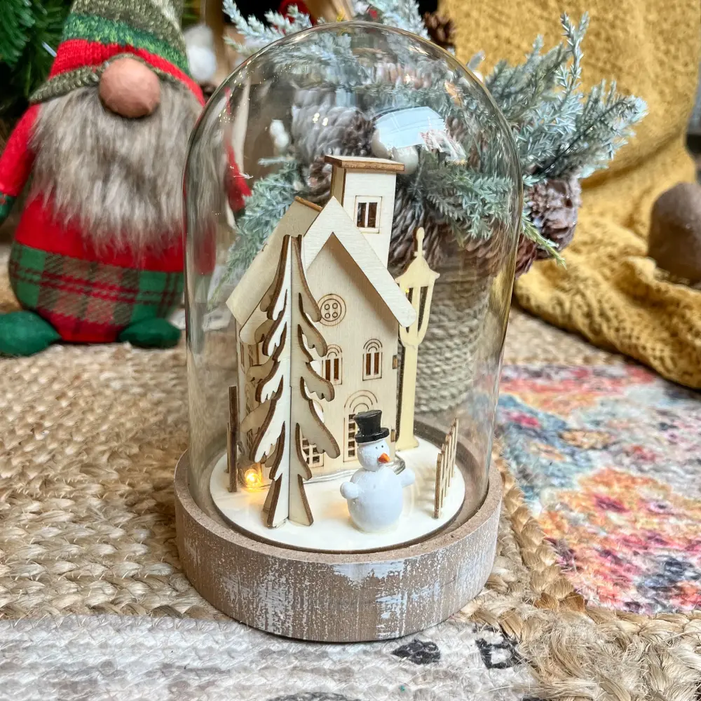 Colección Especial Adorno Navideño casita Madera y Cristal con Luz LED