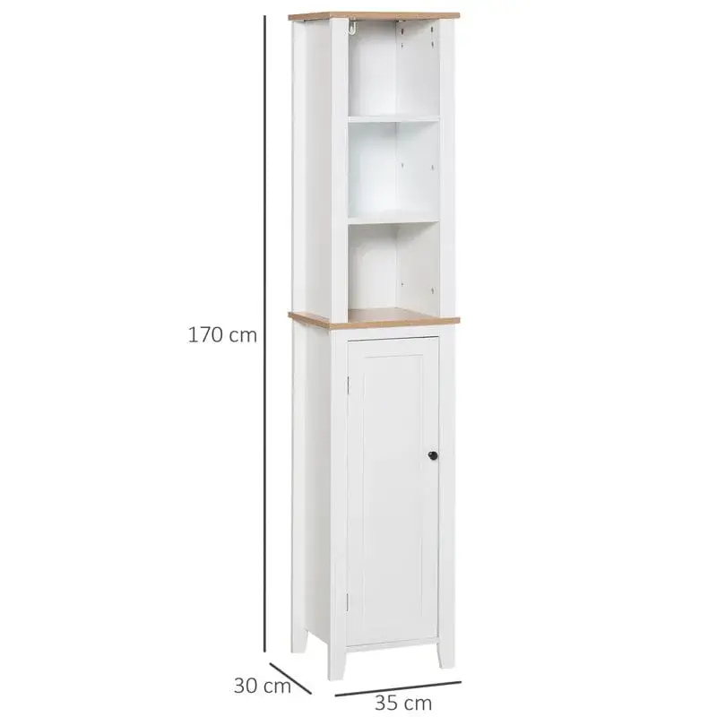 Armario de baño esbelto Kleankin 3 estantes abiertos+armario blanco/natural 170x35x30 cm