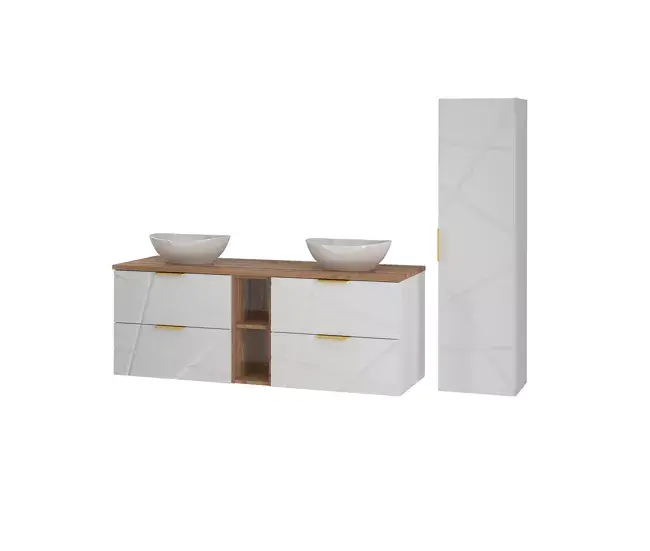 Conjunto de muebles con lavabo individual 140cm 2 compartimientos y columna Aurora Blanco y Madera Montaje en Pared