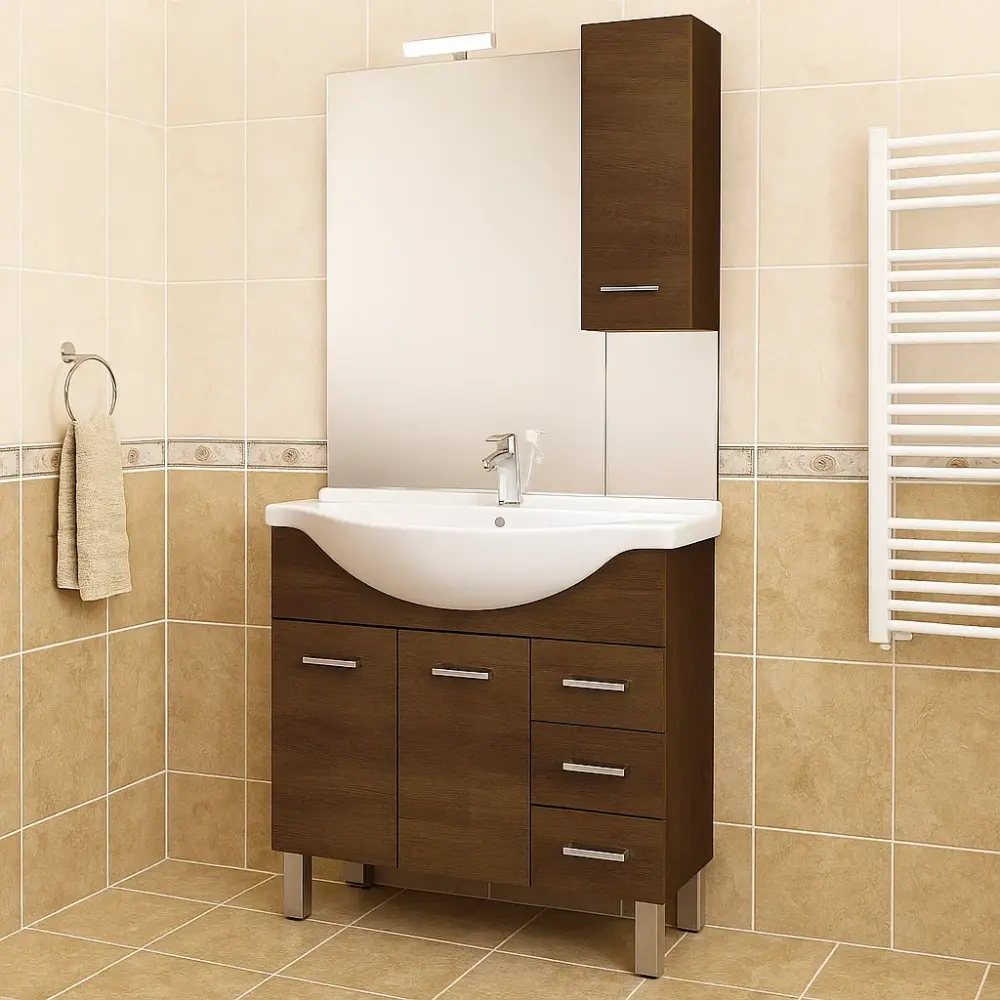 Estante de Ducha Mueble de baño modelo Arianna con base 2 puertas, Lavabo y Espejo acabado Olmo Café