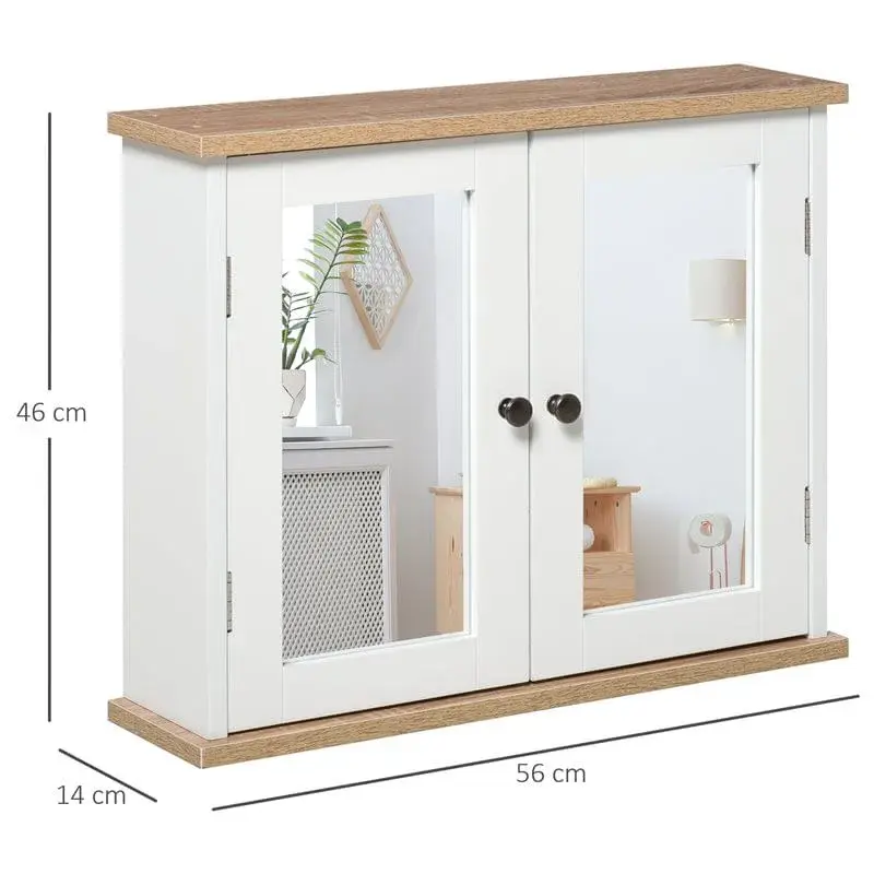 Repisa Flotante Armario de baño colgante Kleankin 2 puertas con espejo blanco/natural 46x56x14 cm