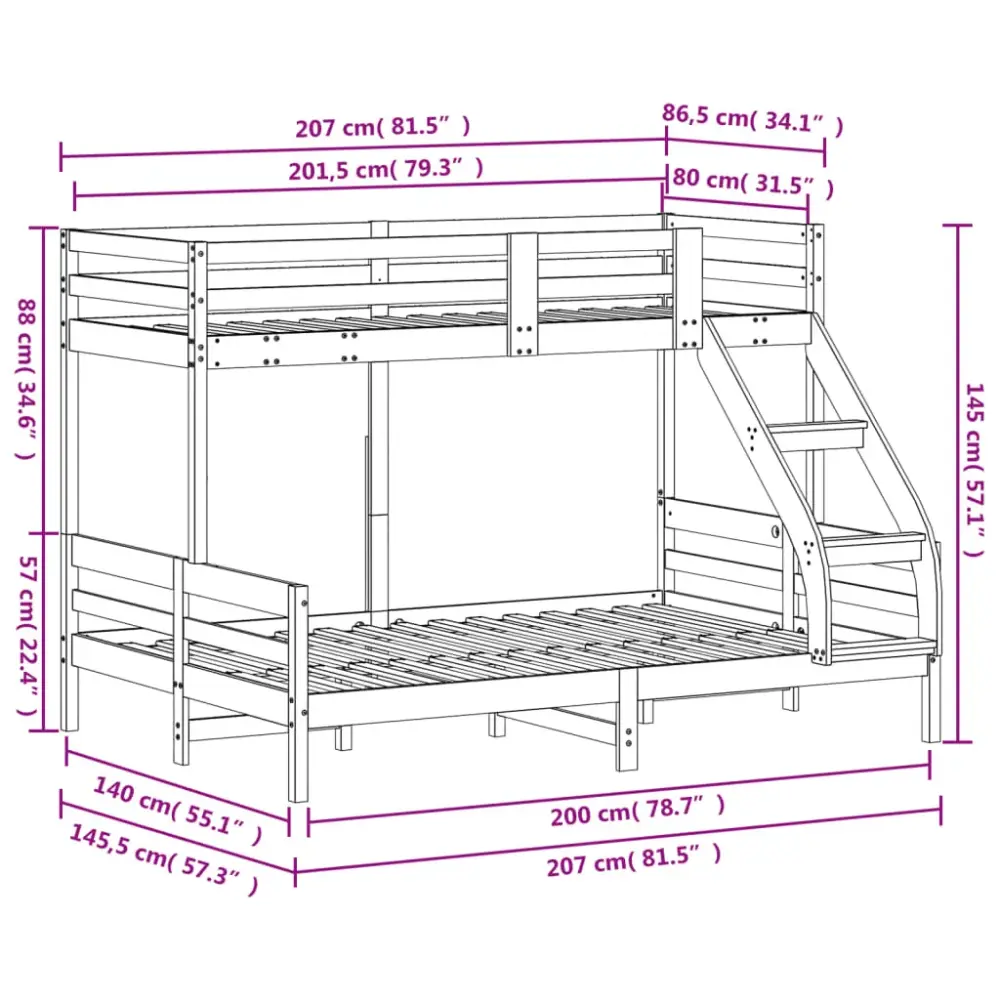 Litera Sorte 2 camas madera maciza 80x200/140x200 cm para Personas Mayores