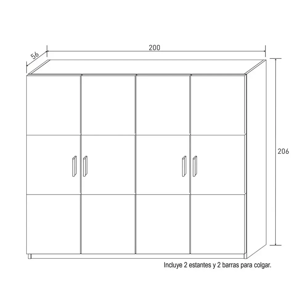 Premium de Madera Maciza Armario Monika 4 puertas 206x200x56 cm