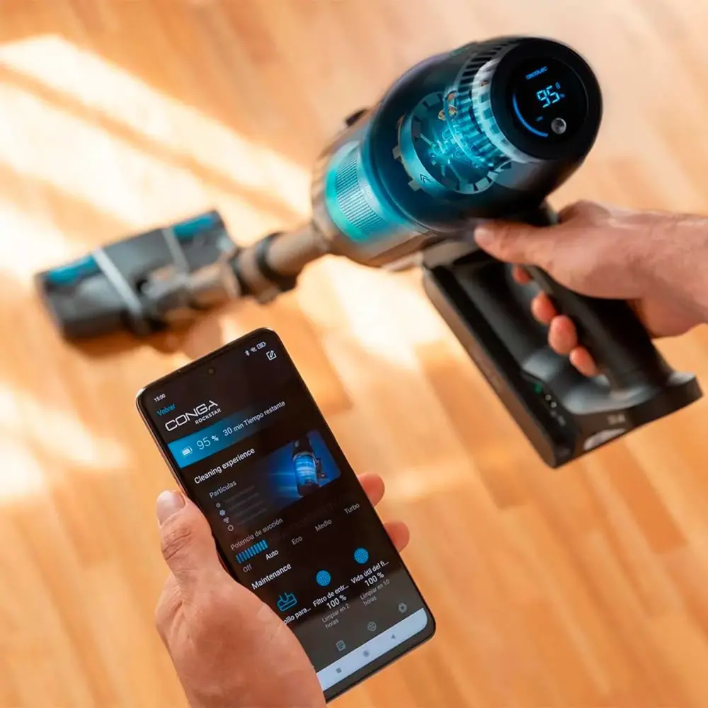 Aspirador vertical Conga Rockstar 9500 Connected Ergowet 3000 IA 680W 4 en 1 WiFi negro para Todo Tipo de Suelos