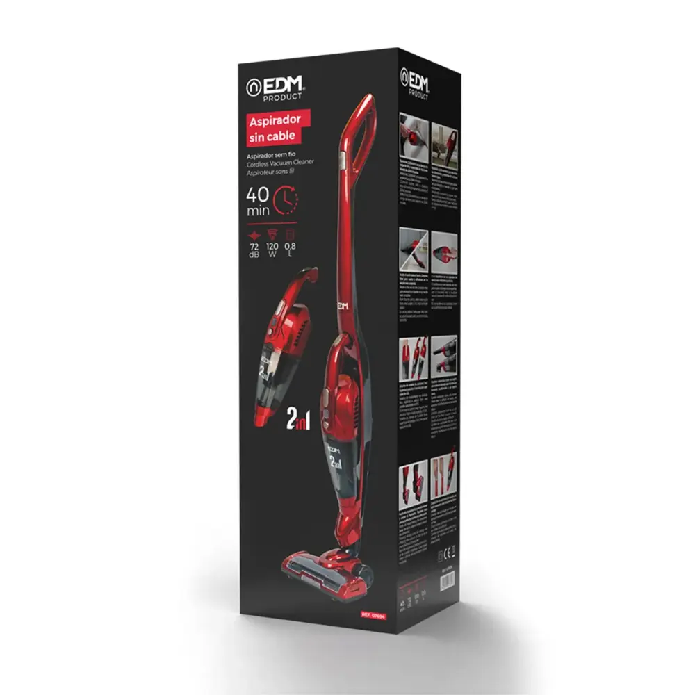 Aspiradora Ciclónica Aspirador vertical EDM 2 en 1 sin cables 120W 8,5kPa con accesorios rojo