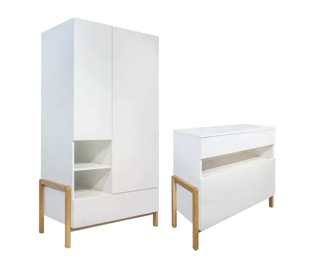 Cómoda 3 cajones y armario 2 puertas 1 cajón Kocot Kids Victor - Blanco y Roble para Bebés