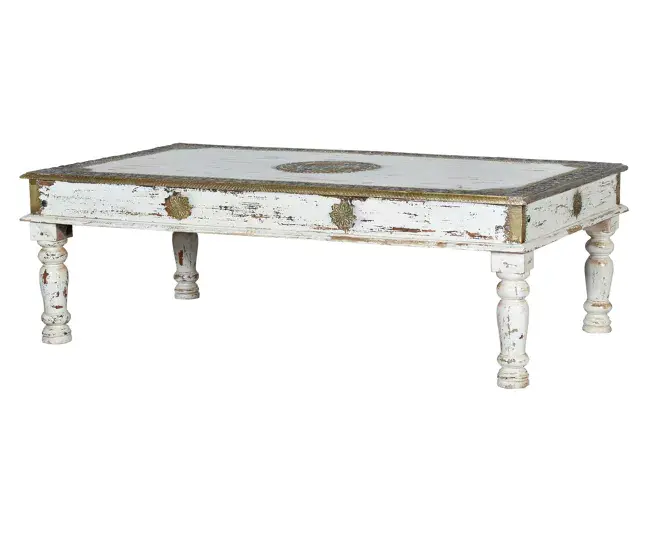 Mesa de café madera de mango en blanco envejecido 45x140x80