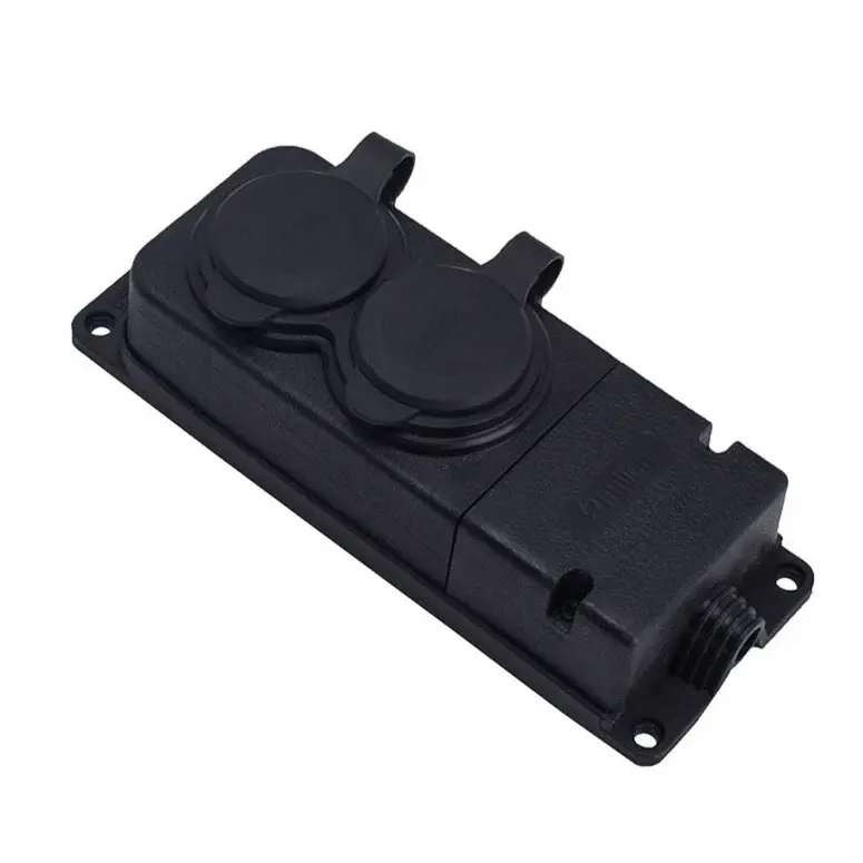 Toma doble de caucho negra hermética de superficie 250V, 16A, IP44, tipo francés E 2P+Z, 2KMP-E, Bylion