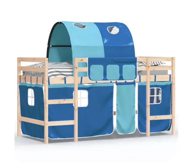 Cama alta niños con túnel madera pino blanco negro 90x200 cm con Barrera de Seguridad