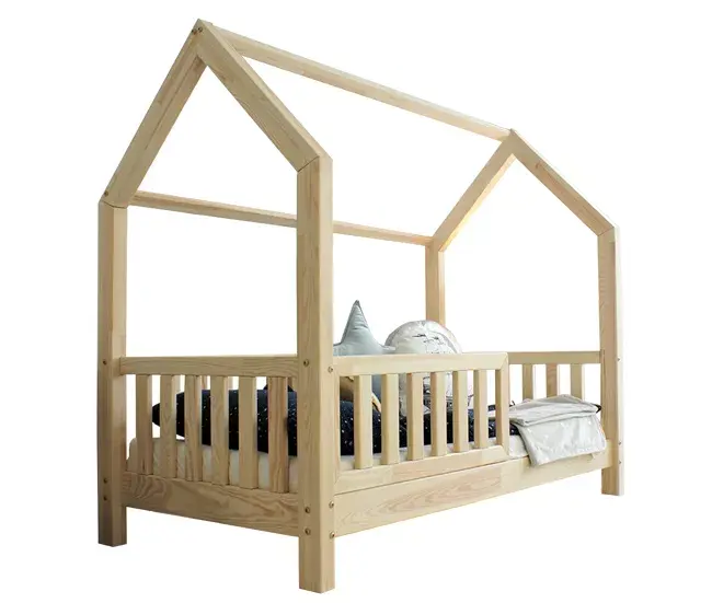 Cama cabañ 90x200 con barandilla y somier patas 10 cm Daisy Madera con Pintura No Tóxica