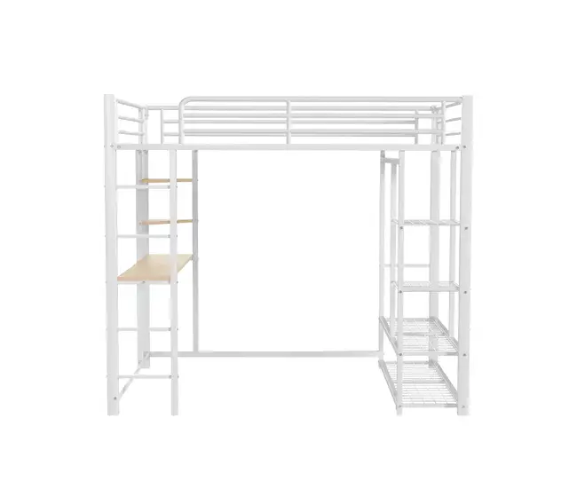 Cama entrepiso de metálico 140x200 cm - con mesa y estantes - Blanco