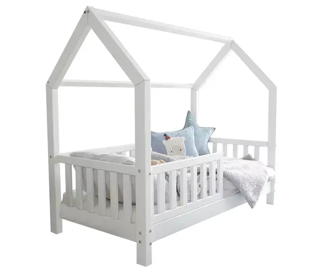 Premium Infantil Cama cabañ 90x200 con barandilla y somier patas de 10 cm Daisy Blanco