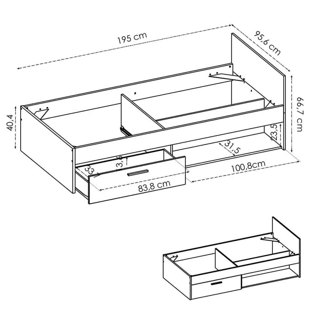 Cama con cabecero Sam 1 cajón 1 hueco de almacenaje blanco 67x96x195 cm