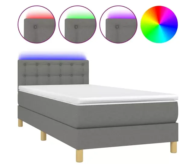 Cama box spring con colchón y LED tela gris negro 90x190 cm Botones