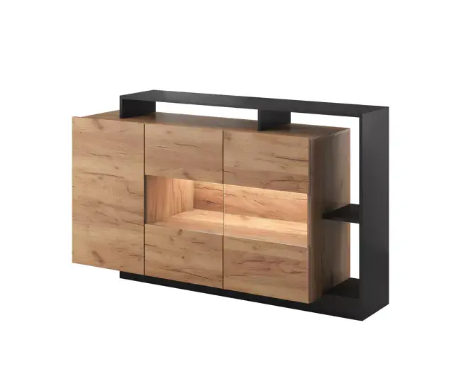 Cajonera ALVA, grafito de estilo innovador, mide 94x155x44 cm y tiene 9 estantes, 3 puertas e iluminación LED