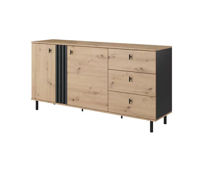 Cajonera MADIS en hueso, negra con un estilo moderno, mide 82x165x40 cm y tiene 4 estantes, 2 puertas y 3 cajones
