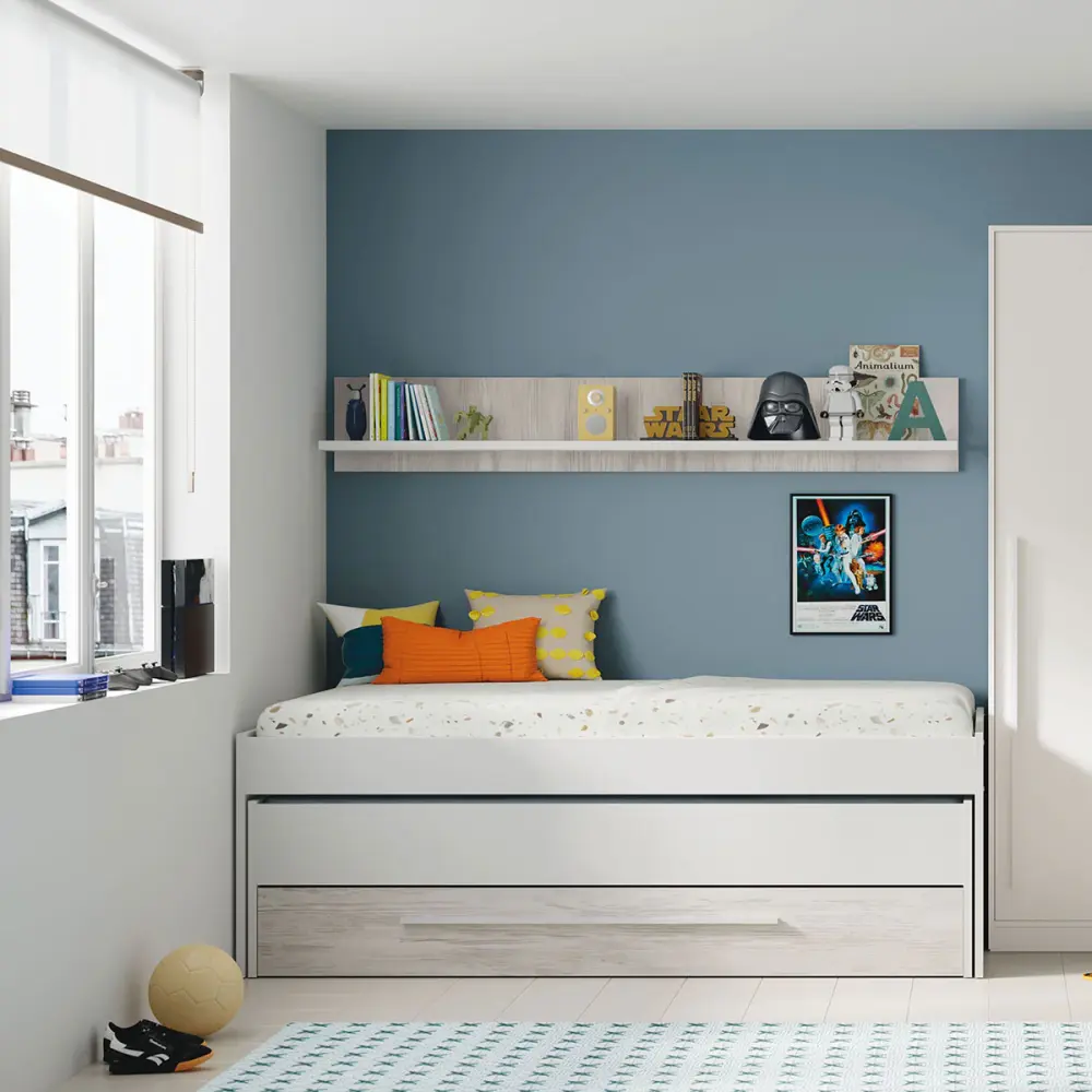 CAMA NIDO CON CAJONES Y ESTANTE TORONTO en Tonalidades Naturales