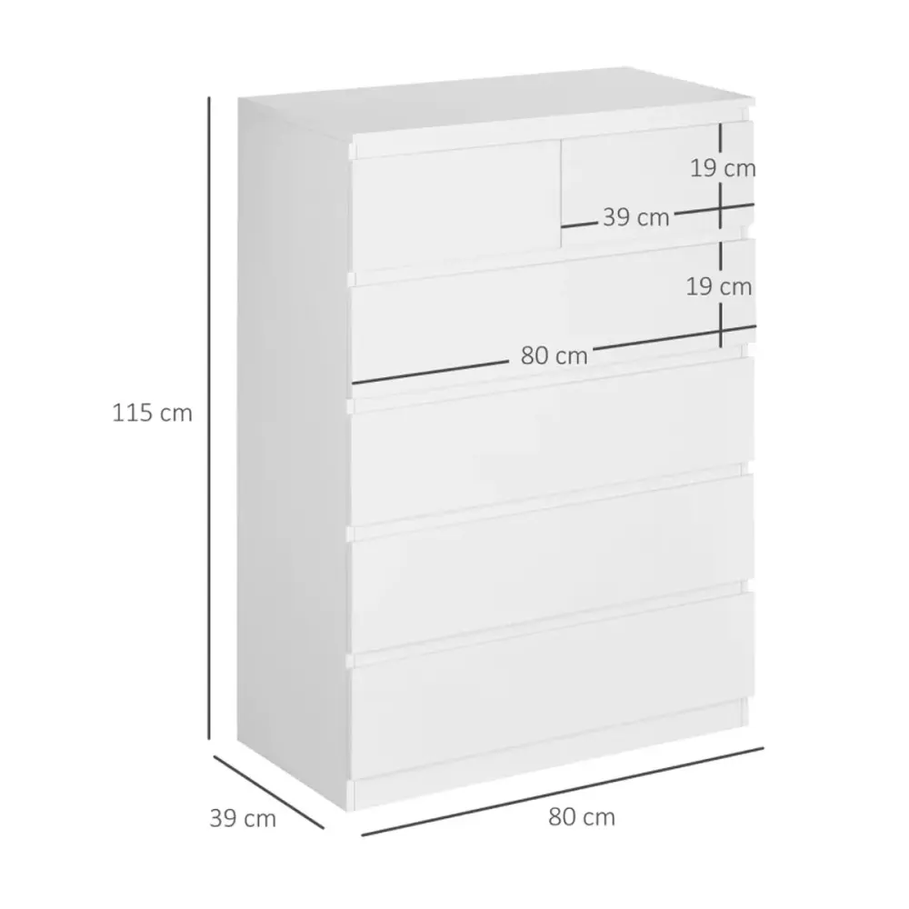 Cómoda Polinesia Homcom 6 cajones blanco 115x80x39 cm con Barra Colgante