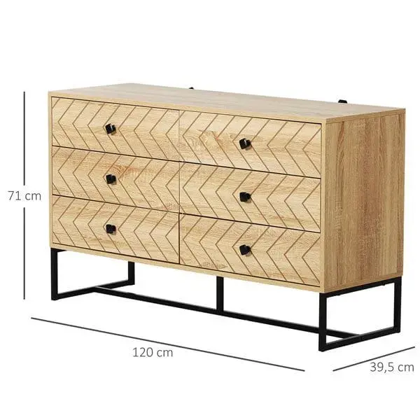 Diseño Ergonómico Cómoda Homcom 6 cajones natural/negro 71x120x39 cm