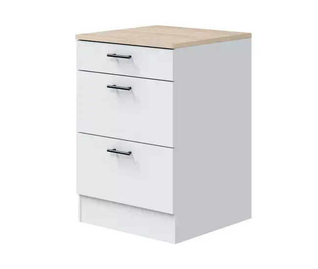 Módulo Bajo Kira de Cocina Estilo Actual en Blanco Brillo y Roble Canadian con 3 Cajones y Tiradores Negros 60x90x60 cm |...