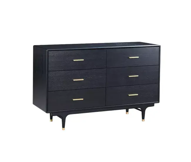 Mesa de Noche Comoda STILIG, de color negro, estilo glamuroso, mide 88x140x45 cm y tiene 6 cajones