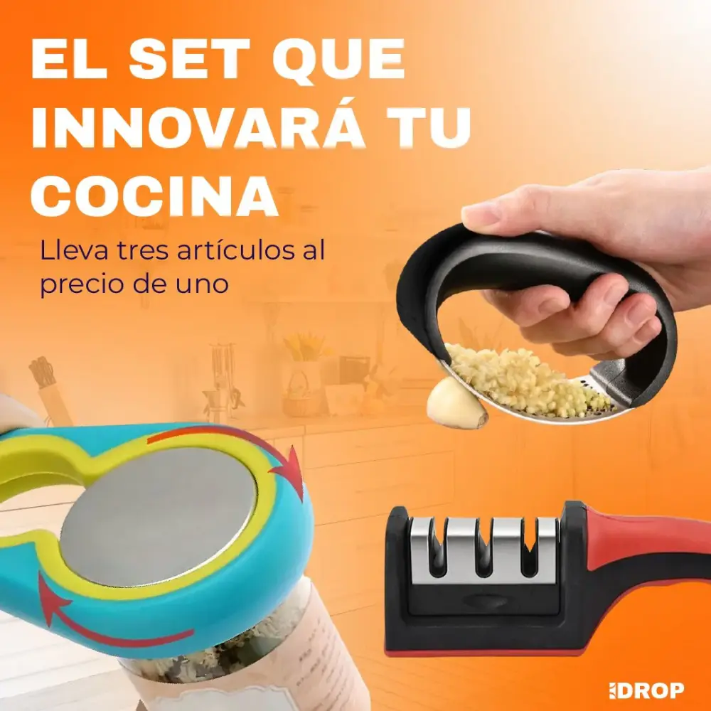 Kit de cocina básico (1 afilador de cuchillos, 1 destapa frascos y 1 machaca ajo)