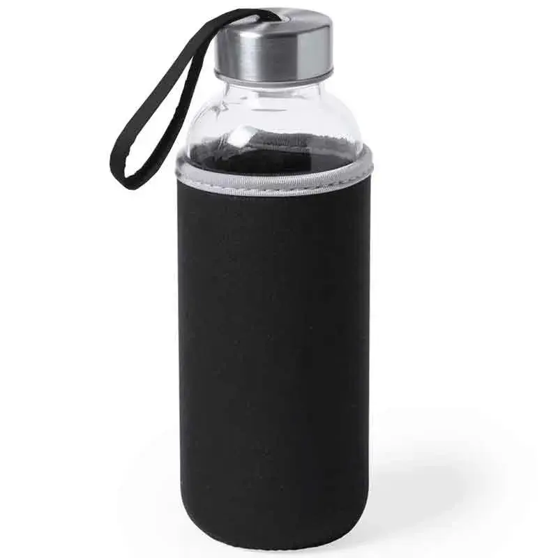 Botella de cristal 600ml con funda de neopreno negro