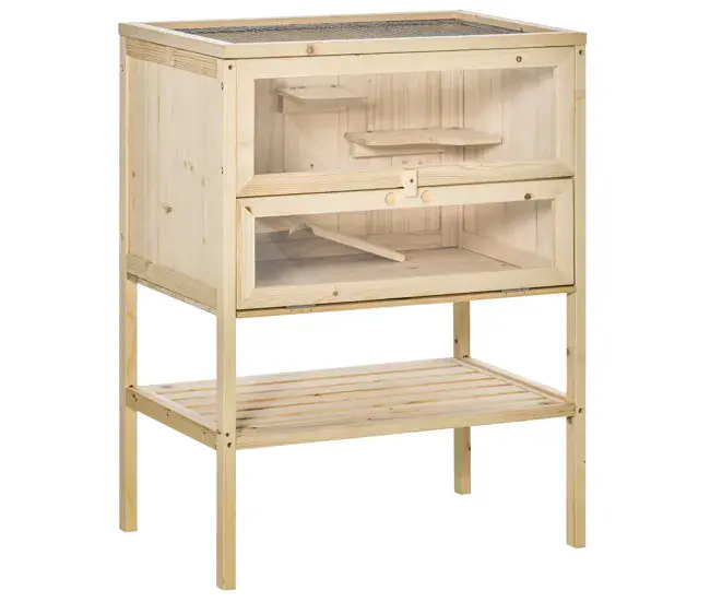 PawHut Jaula de Madera para Hámster Ratones Casa de Juegos con 5 Plataformas Rampa Techo Abatible Ventana Cristal Plásti...