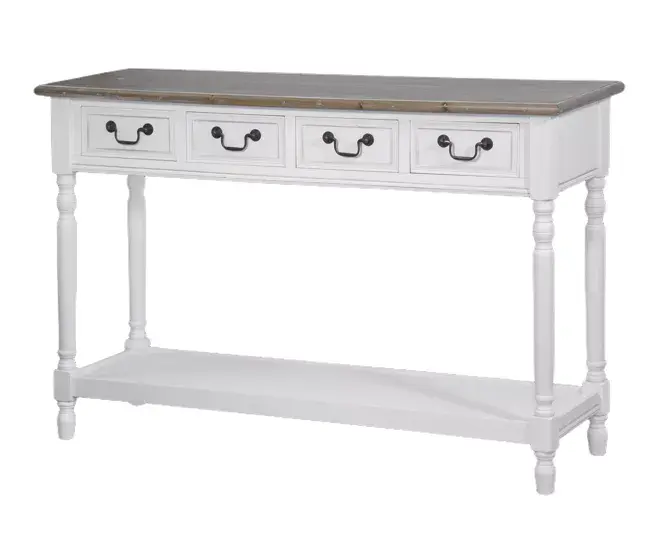Consola RIMINI NIEVE, de color blanco y marrón, de estilo rústico francés, mide 79x122x41 cm y tiene 4 cajones y 1 esta...