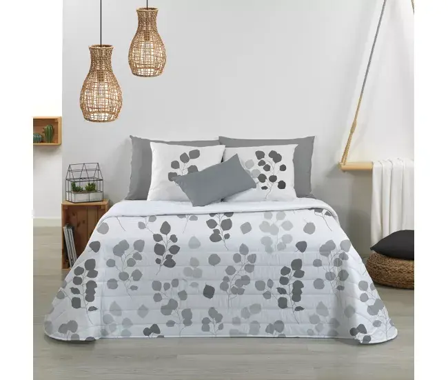 Juego de colcha y almohadas Colcha bouti EUCALIPTO gris 100gr cama de 90