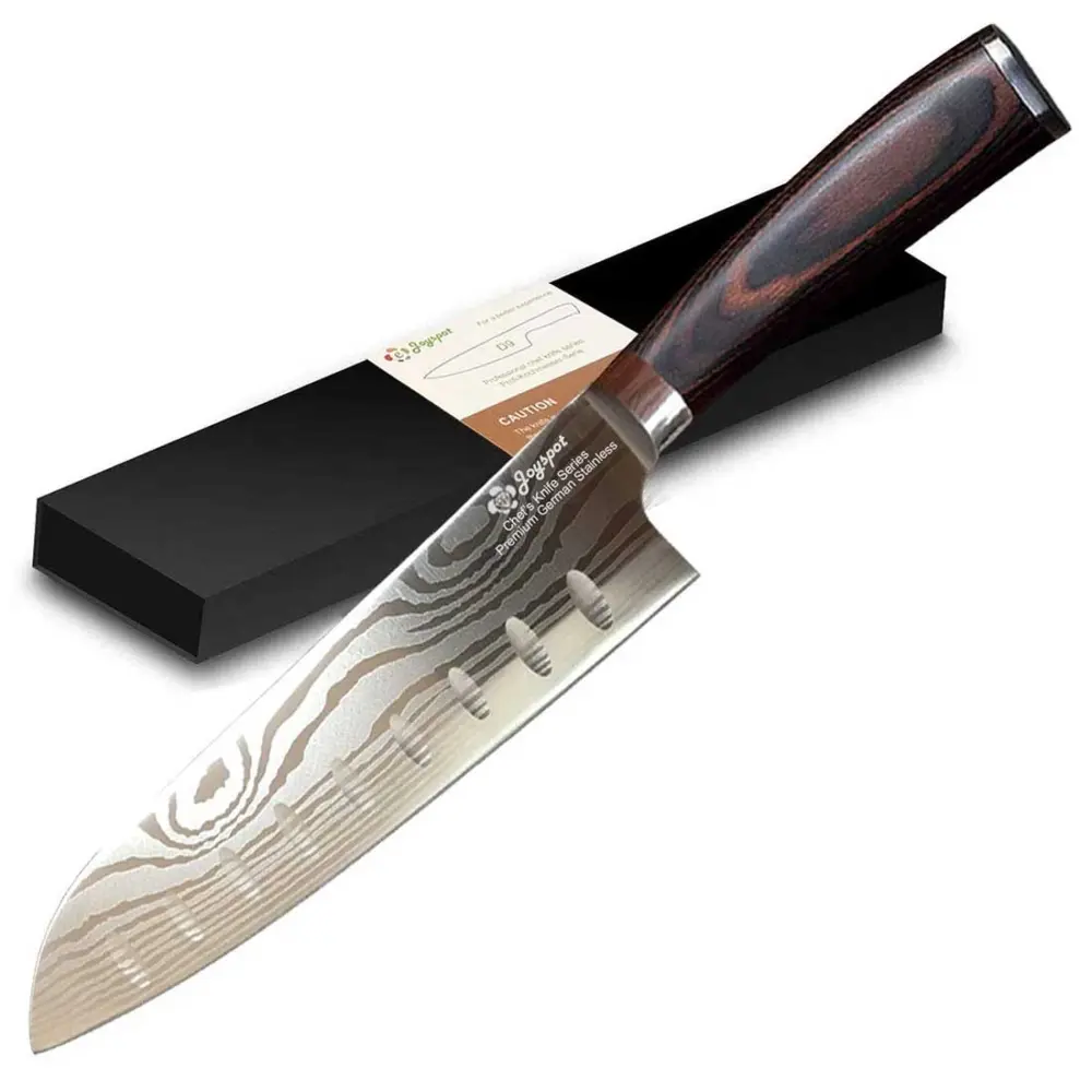 Cuchillo Santoku JOYSPOT con hoja afilada de acero inoxidable alemán de 7 pulgadas.