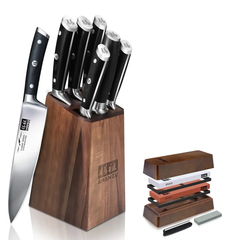 Set de cuchillos Nakiri | Bloque de cuchillos de acero alemán 7 piezas + Piedra para afilar
