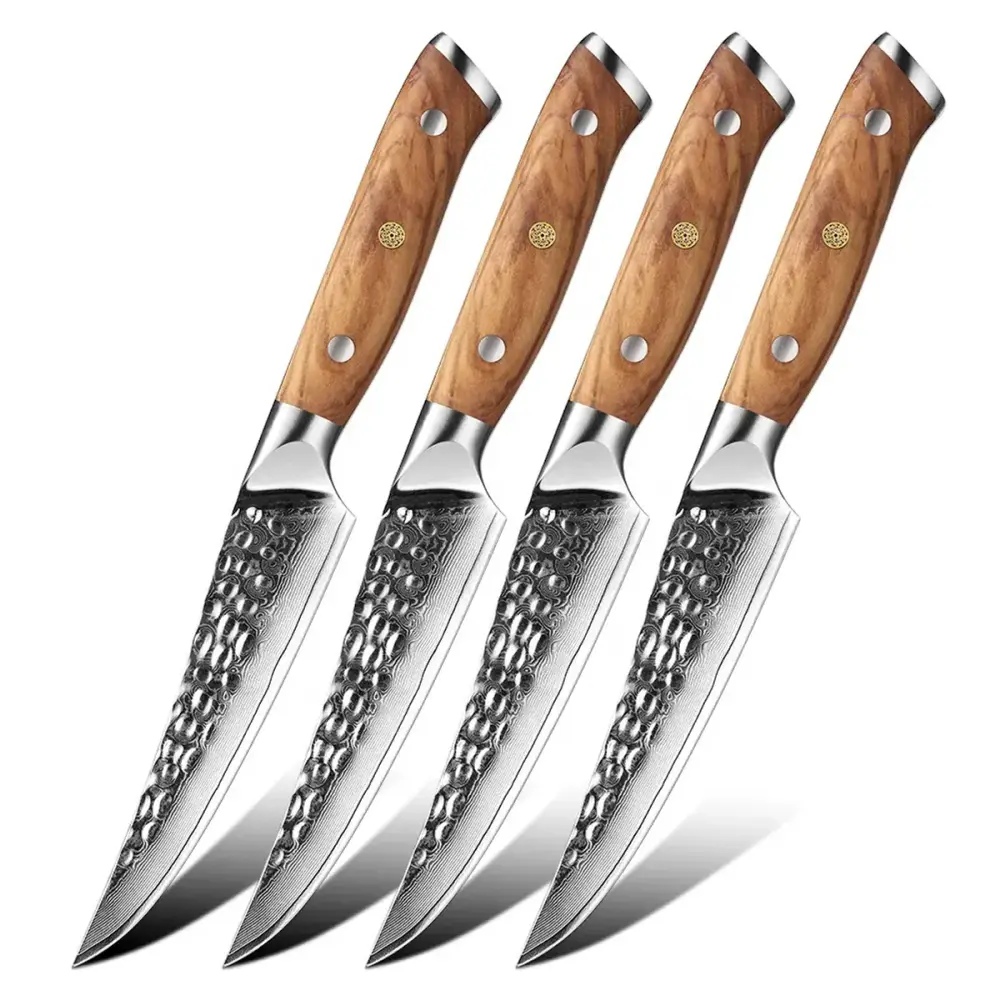 Set de Mantenimiento Cuchillo Bistec 12cm 10Cr+Damasco MARTILLADO Olivo (Set x4 unidades)