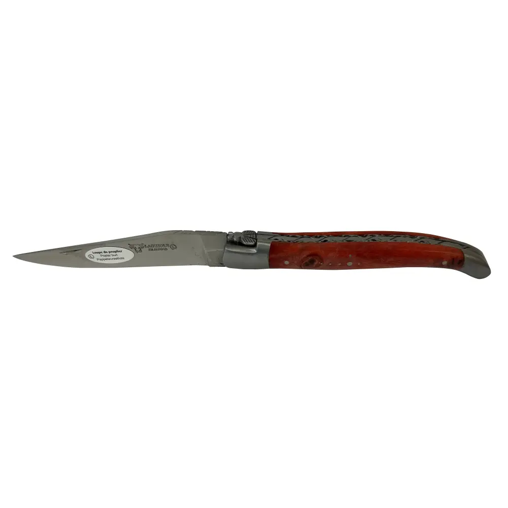 Laguiole en Aubrac Handcarved Plates Multipurpose Knife Stabilized Red Poplar Burl Handle, 4.75-Inches