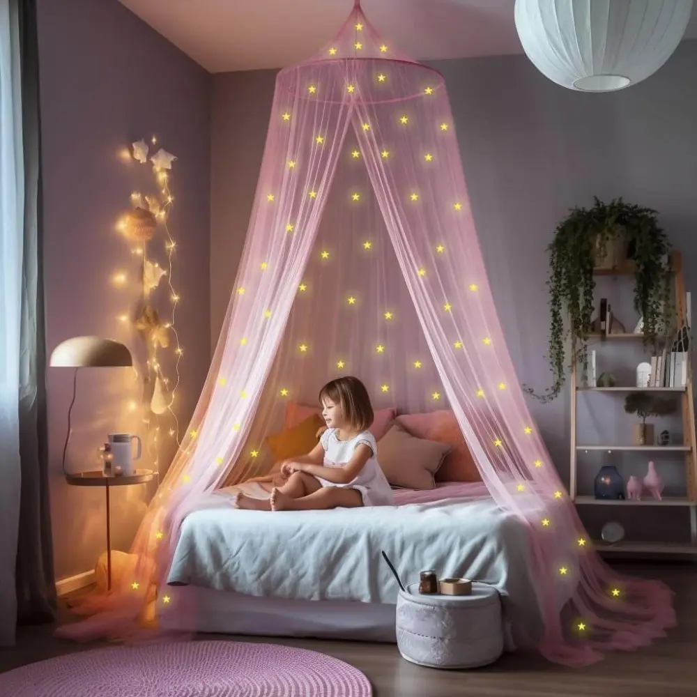 Dosel de Cama Rosa para Ninas con Estrellas Brillantes para Cama Infantil